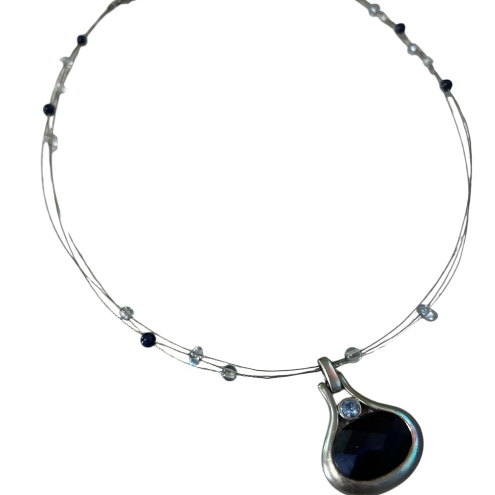 Vintage LIA SOPHIA Silvertone Rhinestones Black Pendant on 3 Wires 18" Necklace